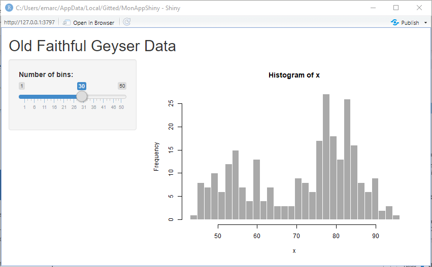 Application Shiny Old Faithful Geyser Data.