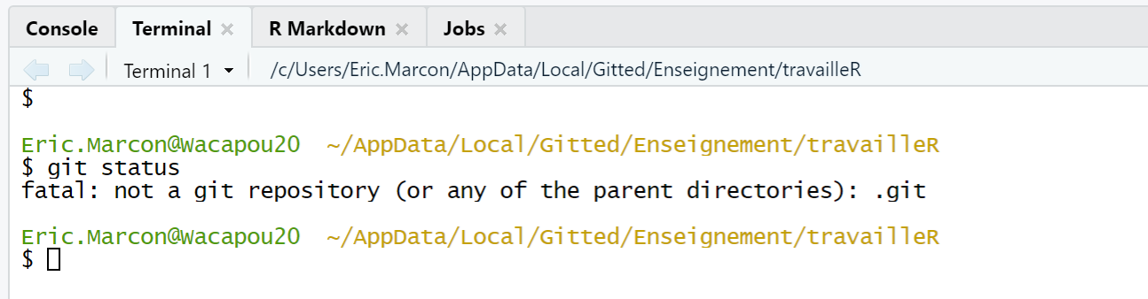 Capture d’écran du terminal de RStudio. La commande git status supposée décrire l’état du dépôt renvoie une erreur si le projet R n’est pas sous contrôle de source.